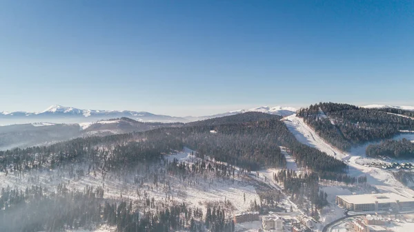 Vista Aérea Das Montanhas Cárpatos Bukovel Aldeia Inverno Neve Floresta — Fotografia de Stock