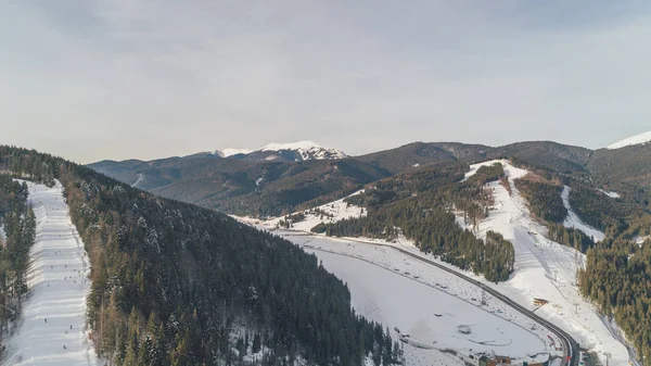 Widok Lotu Ptaka Góry Bukovel Karpat Śnieg Zimą Lasu Drzew — Zdjęcie stockowe
