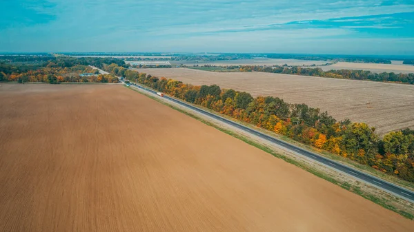 Flygfoto Över Den Nya Vägen Ukraina Hösten Vägmarkering — Stockfoto