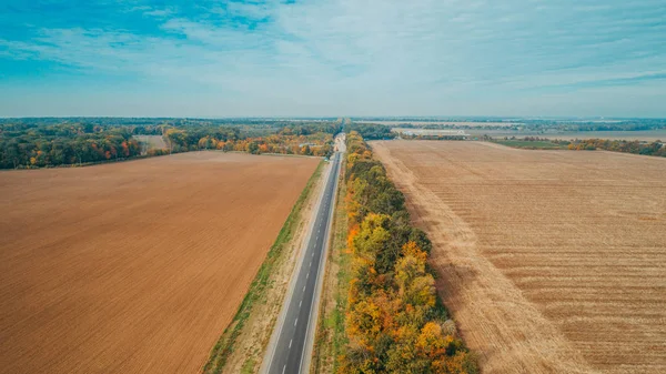 Widok Lotu Ptaka Nowe Drogi Ukrainie Jesienią Znakowania Dróg — Zdjęcie stockowe