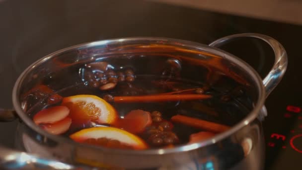 Cozinhar Vinho Quente Casa Ingredientes Para Vinho Quente Natal Inverno — Vídeo de Stock