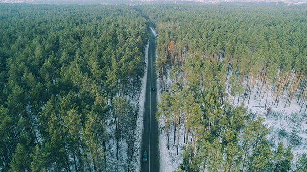 Vue Aérienne Forêt Enneigée Avec Une Route Capturé Haut Avec — Photo