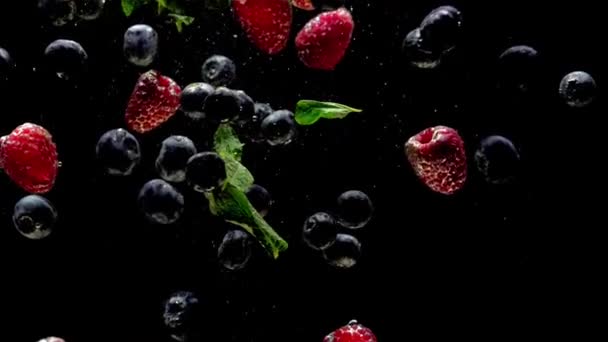 Red Strawberry Splashing Falling Transparent Water Black Background Fresh Fruits — Stock Video