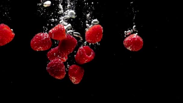 黒い背景に透明な水に落ちるラズベリー 水族館で飛び散る新鮮な果物やベリー オーガニックベリー 健康食品 スローモーション クローズ アップ — ストック動画