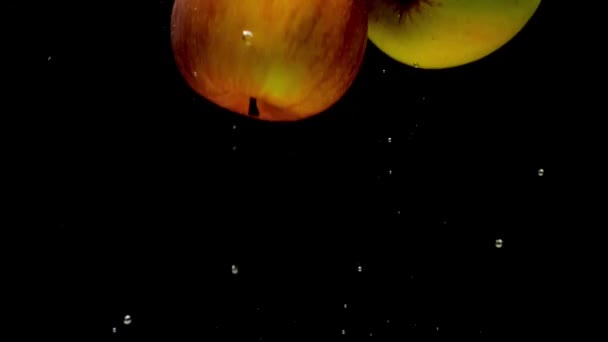 黄色和红色的苹果在黑色的背景上掉进了透明的水里 新鲜的水果和浆果在水族馆里飞溅 有机水果 健康食品 慢动作 后续行动 — 图库视频影像