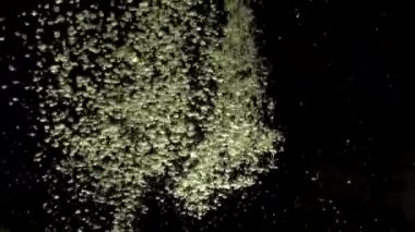 Çok sayıda küçük hava kabarcıkları kristal berraklığında su altında nüfuz, karıştırma ve yükselmek, kopya alanı ile siyah arka plan üzerinde yumuşak sualtı girdap. Sualtı kabarcıkları kargaşa. Yavaş çekim.