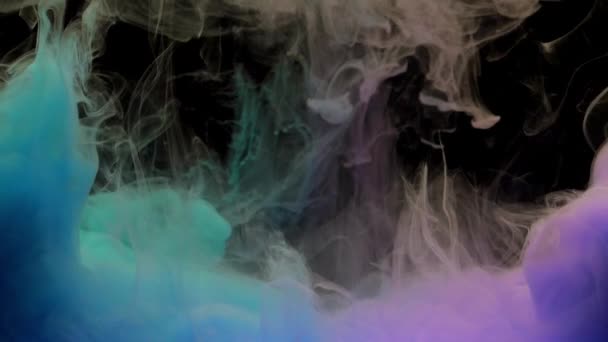 五颜六色的蓝色和紫色墨水在水中混合 在黑色背景上柔和地在水下旋转 具有复制空间 彩色丙烯酸云的油漆隔离 抽象烟雾爆炸动画 太空延时 — 图库视频影像