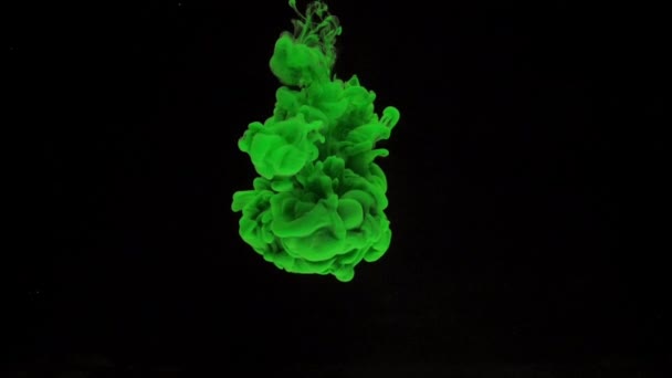 カラフルな緑色のインクは 水中で混合し コピースペースと黒い背景に柔らかく水中を旋回し 上から滴ります 塗料の着色されたアクリル雲が分離しました 抽象的な煙の爆発アニメーション スローモーション — ストック動画