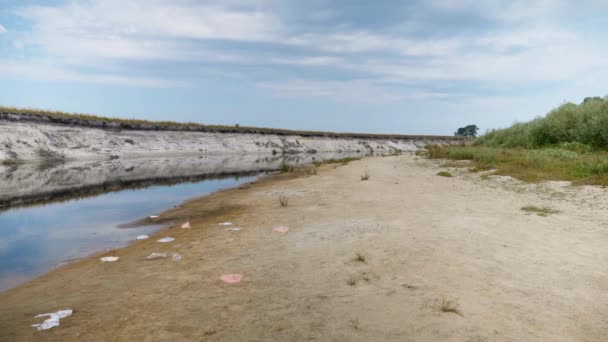 Uccello Alla Ricerca Cibo Sulla Spiaggia Inquinata Del Fiume Essiccato — Video Stock