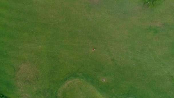Vue aérienne de l'homme, qui met un casque VR sur sa tête et joue à un jeu virtuel dans le parc. Jeune homme en casque expérimentant la réalité augmentée sur le fond de la nature. Images de drone 4K .