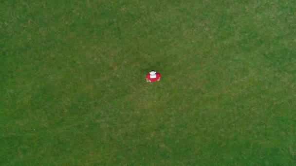 Vue aérienne de l'homme avec un casque VR sur la tête, qui regarde la caméra dans le parc. Jeune homme en casque expérimentant la réalité augmentée sur le fond de la nature. Images de drone 4K .
