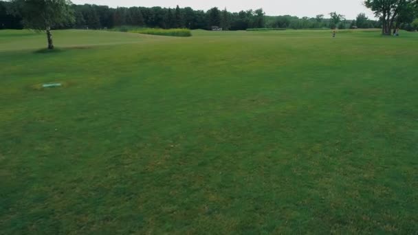 Luftaufnahme Eines Grünen Golfplatzes Mit Schönen Bäumen Und Wald Blauer — Stockvideo