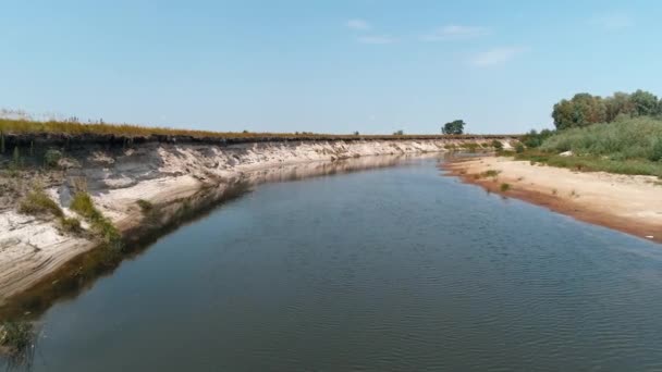 Vue aérienne d'un oiseau est à la recherche de nourriture sur la plage polluée de la rivière sèche, lac. Concept de problème de pollution environnementale. Grue dans la nature. Catastrophe écologique. Images de drone 4K .