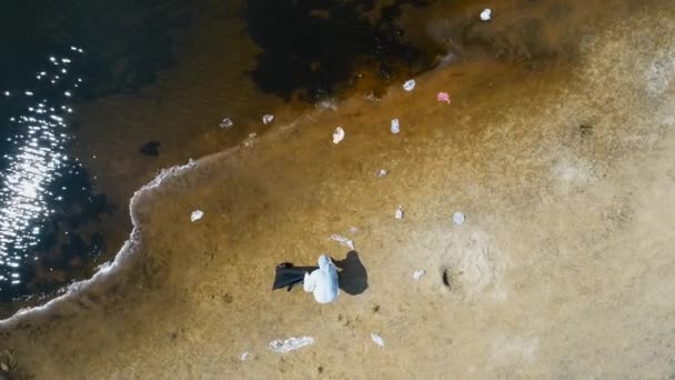 Luftaufnahme Eines Mannes Schutzanzug Und Atemmaske Der Plastikmüll Ufer Eines — Stockvideo