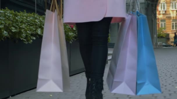 Genç Çekici Kadın Alışveriş Elinde Kağıt Torbalar Ile Bayan Alışveriş — Stok video