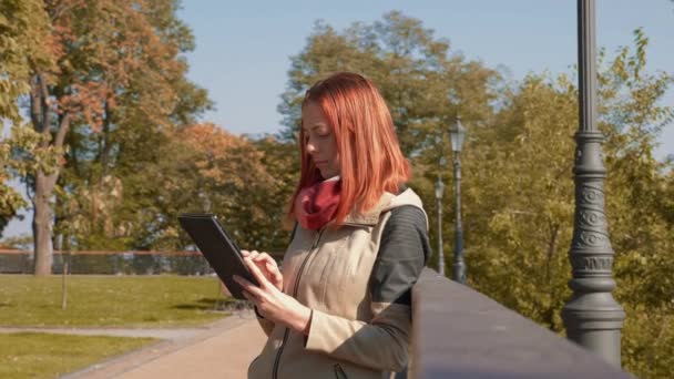 公园里穿着夹克的年轻迷人的红头发女人正在网上购物 戴狐狸毛的女孩站在室外 在阳光灿烂的天气里使用平板电脑 并在网上下订单 零售业的概念 — 图库视频影像