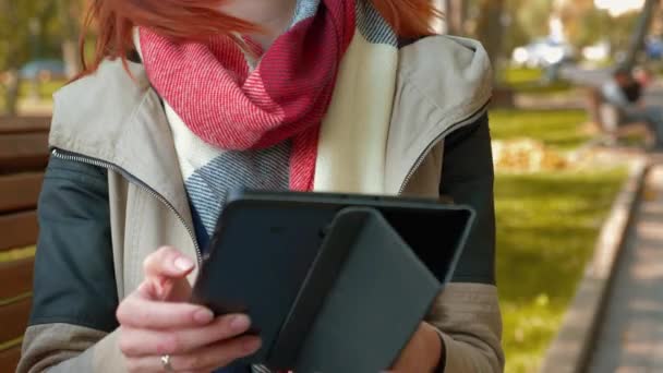 Jonge Aantrekkelijke Roodharige Vrouw Het Park Online Aan Het Winkelen — Stockvideo