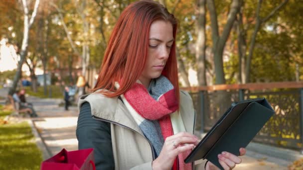 Joven Atractiva Mujer Pelirroja Una Chaqueta Parque Está Compras Línea — Vídeos de Stock