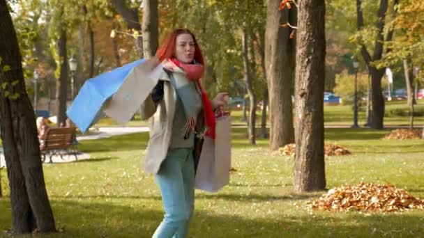 ジャケットの若い魅力的な赤い髪の女性が買い物です 公園内では 色とりどりの紙袋を購入し 楽しそうに歩くセクシーな髪の毛を持つ幸せな女の子 小売業の概念 4K映像 — ストック動画