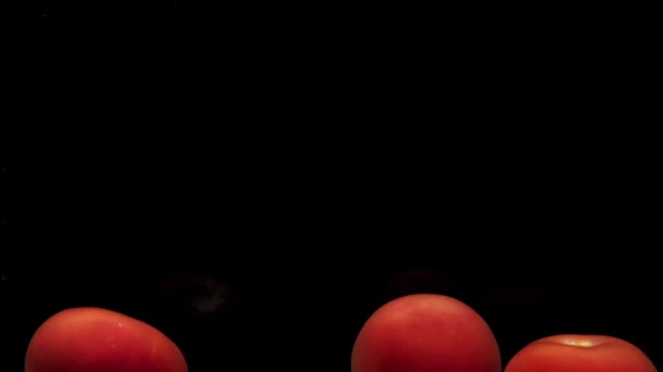 三个红色的番茄在透明的水中 黑色的背景 新鲜的有机蔬菜在水族馆里飞溅 杂货店 健康食品 空气泡泡 慢动作 后续行动 — 图库视频影像