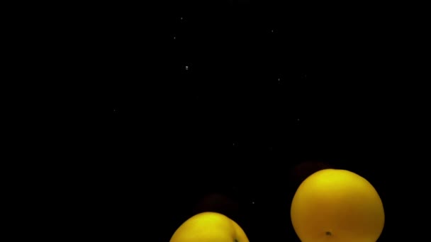 Три Жёлтых Томата Падают Прозрачную Воду Чёрном Фоне Свежие Органические — стоковое видео