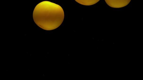 Três Tomates Amarelos Encontram Sob Água Transparente Sobre Fundo Preto — Vídeo de Stock