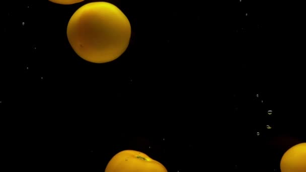 Vier Gelbe Tomaten Die Transparentes Wasser Auf Schwarzem Hintergrund Fallen — Stockvideo