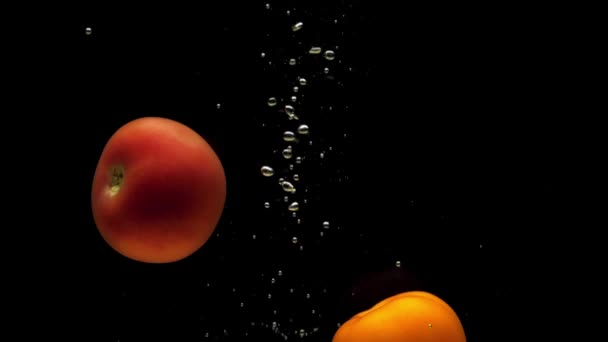 Rote Und Gelbe Tomaten Fallen Transparentes Wasser Auf Schwarzem Hintergrund — Stockvideo