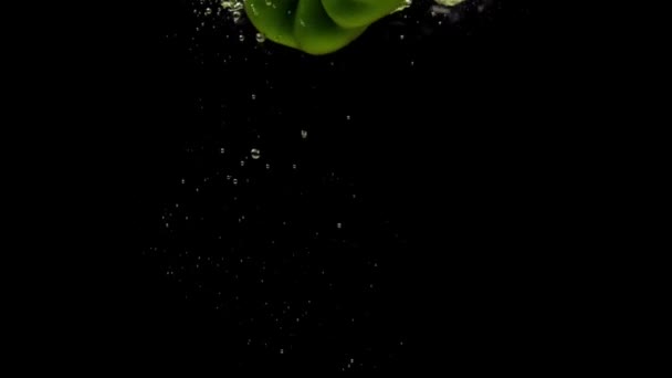 一只绿色的红辣椒落在透明的水中 背景是黑色的 新鲜的有机蔬菜在水族馆里飞溅 杂货店 健康食品 空气泡泡 慢动作 后续行动 — 图库视频影像