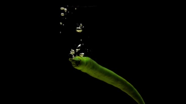 Зелений Чилі Падає Прозору Воду Чорному Тлі Свіжі Органічні Овочі — стокове відео