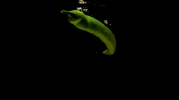 Green Chili Falling Transparent Water Black Background Fresh Organic Vegetables — Αρχείο Βίντεο