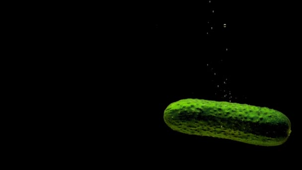 Cetriolo Verde Che Cade Acqua Trasparente Fondo Nero Verdure Biologiche — Video Stock