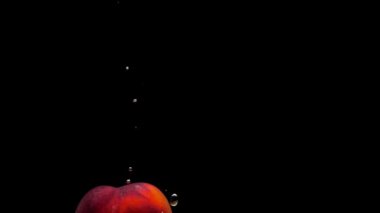 Olgun şeftali siyah zemin üzerinde şeffaf suya dökülüyor. Akvaryuma taze organik meyveler sıçrıyor. Market, sağlıklı yiyecekler, diyet, vejetaryenlik, hava kabarcıkları. Ağır çekim. Yakın plan..