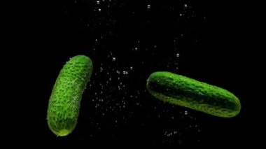 Yeşil salatalıklar siyah arkaplanda saydam suya düşüyorlar. Akvaryuma taze organik sebzeler sıçrıyor. Market, sağlıklı yiyecekler, diyet, vejetaryenlik, hava kabarcıkları. Ağır çekim. Yakın plan.