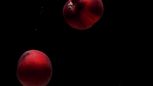 Drie Rijpe Perziken Vallen Transparant Water Zwarte Achtergrond Verse Biologische — Stockvideo