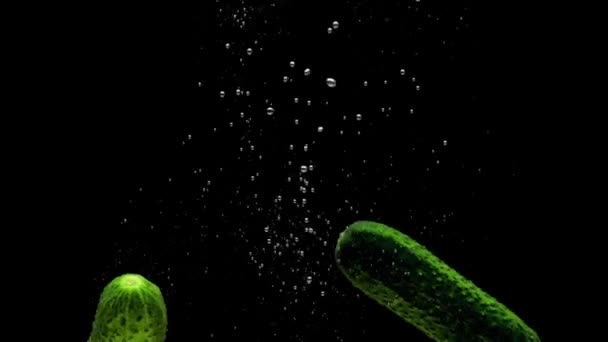Grüne Gurken Fallen Transparentes Wasser Auf Schwarzem Hintergrund Frisches Bio — Stockvideo