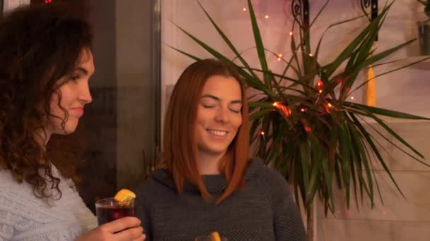 Mädchen Mit Einem Glas Glühwein Der Hand Unterhalten Sich Bei — Stockvideo