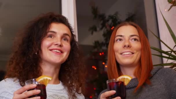 Girls Glass Mulled Wine Communicate Festive Party Happy Friends Together — Stock Video
