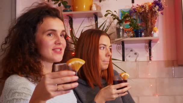 Ellerinde Bir Bardak Sıcak Şarapla Kızlar Şenlik Partisinde Iletişim Kurarlar — Stok video