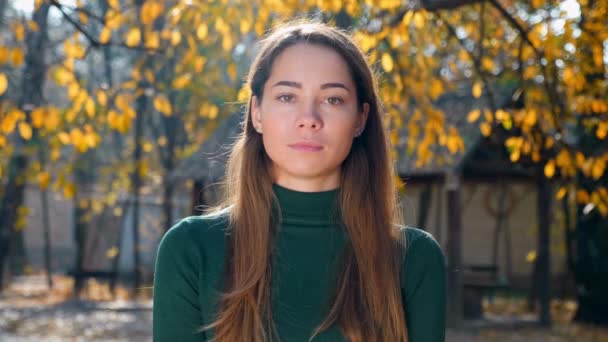 Retrato Uma Jovem Mulher Morena Atraente Fundo Árvores Amareladas Outono — Vídeo de Stock