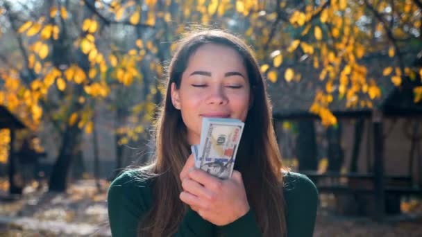 Young Attractive Brunette Woman Counting Pack Money Savour Girl Enjoys — Stock Video