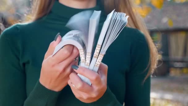 Detailní Záběr Mladé Ženy Zeleném Svetru Která Počítá Balíky Peněz — Stock video