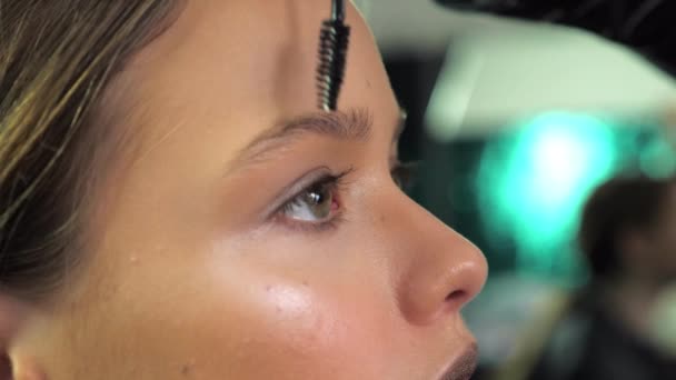 Maquillaje artista peinando cejas usando un cepillo a una adolescente en salón de belleza — Vídeos de Stock