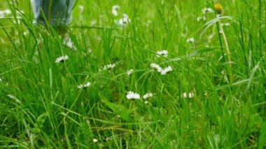 Lateks eldivenli kız, beyaz çiçeklerle yeşil çimlerin üzerinde el ele tutuşuyor.