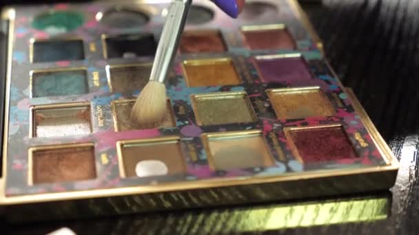 Paleta multicolor de la sombra de ojos del maquillaje del primer plano con el cepillo en un salón de belleza — Vídeos de Stock