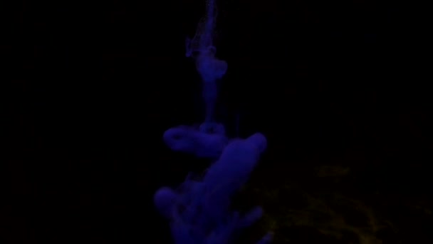 Donkerblauwe inkt mengen in water, draaien zacht onderwater op zwarte achtergrond — Stockvideo