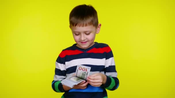 Cheerful little child boy smiles, counts the money in his hands and throws down — Stock Video