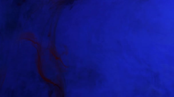 Tinta roja oscura mezclada en agua, girando suavemente bajo el agua sobre fondo azul — Vídeo de stock