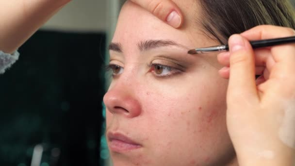 Artista de maquillaje profesional pinta sombras de ojos con cepillo a mujer en salón de belleza — Vídeos de Stock