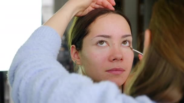 Maquillaje artista dibuja flechas en sus ojos con un cepillo a una mujer en un salón de belleza — Vídeos de Stock